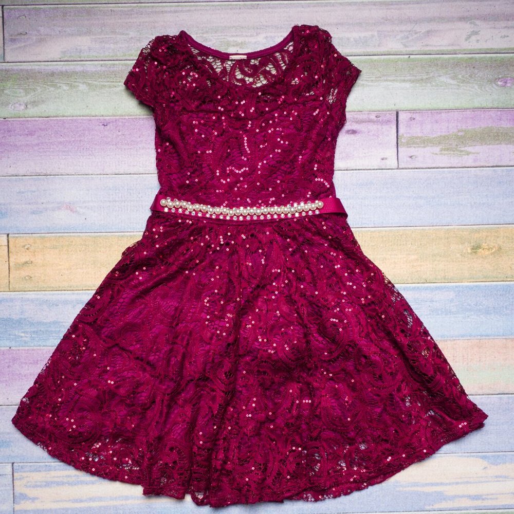 Girls Floral Lace Glitter Pearl Dress - Size 6